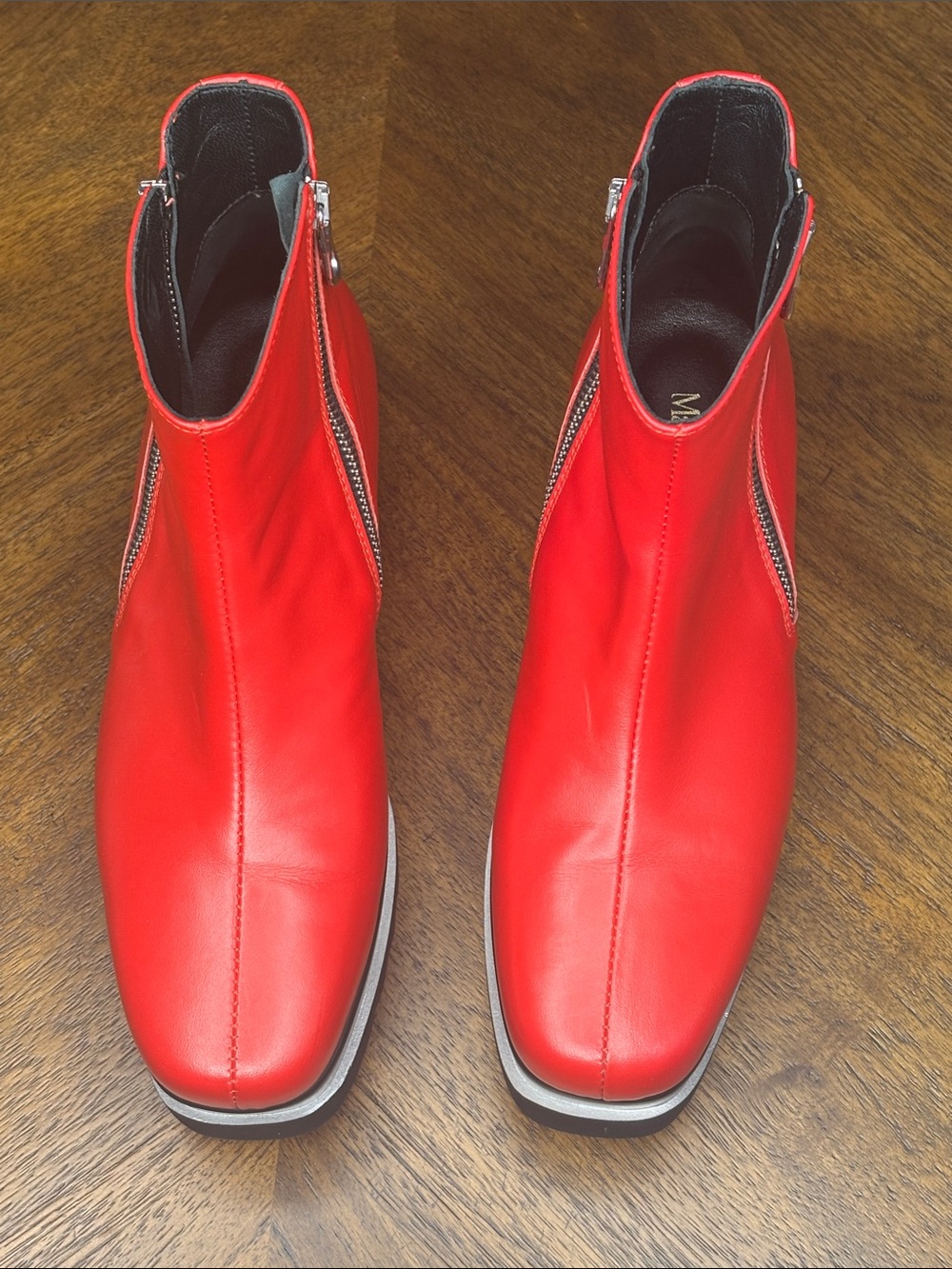 Women's Red Leather Zip-Detail Ankle Booties
